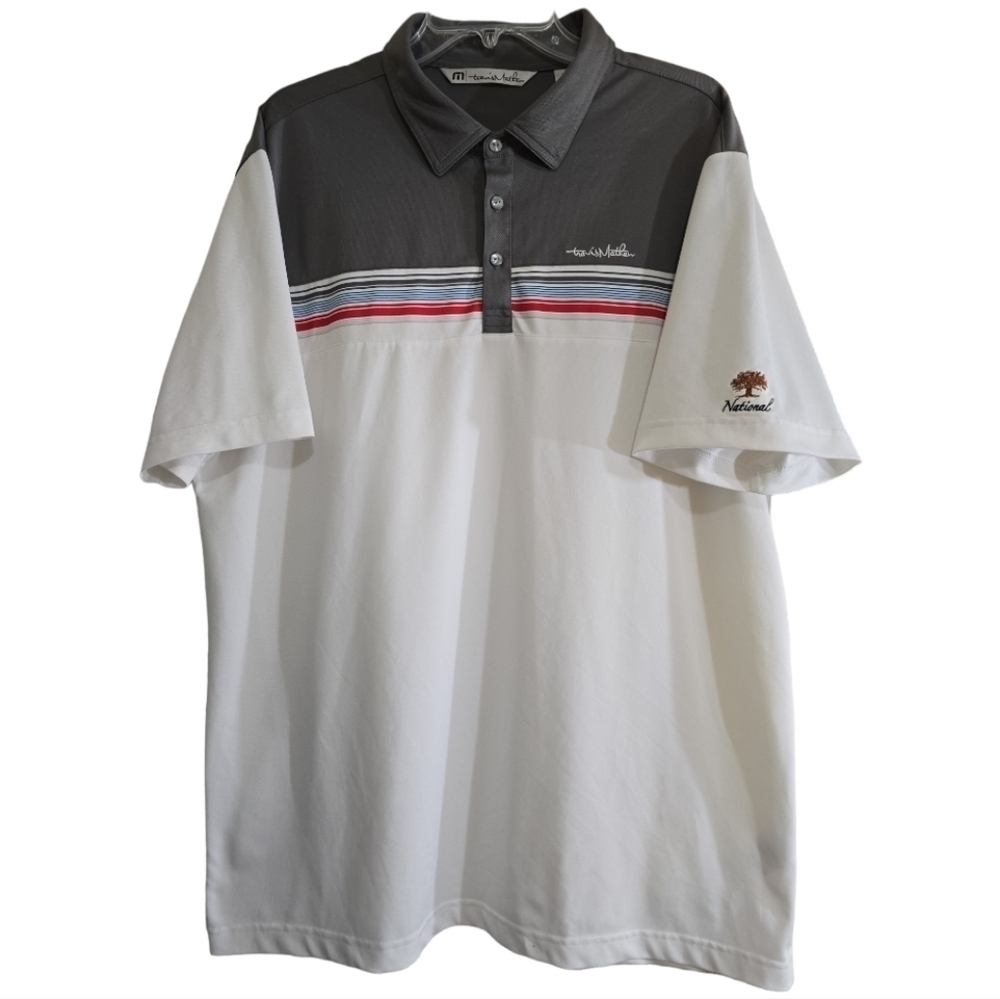 Travis Mathew Polo Shirt White Gray Striped Short Sleeve National Logo XL